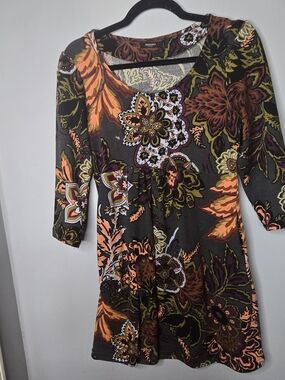 Reborn Floral Print Empire Waist Knit Dress Women's Medium Boho 3/4 Sleeve Fall